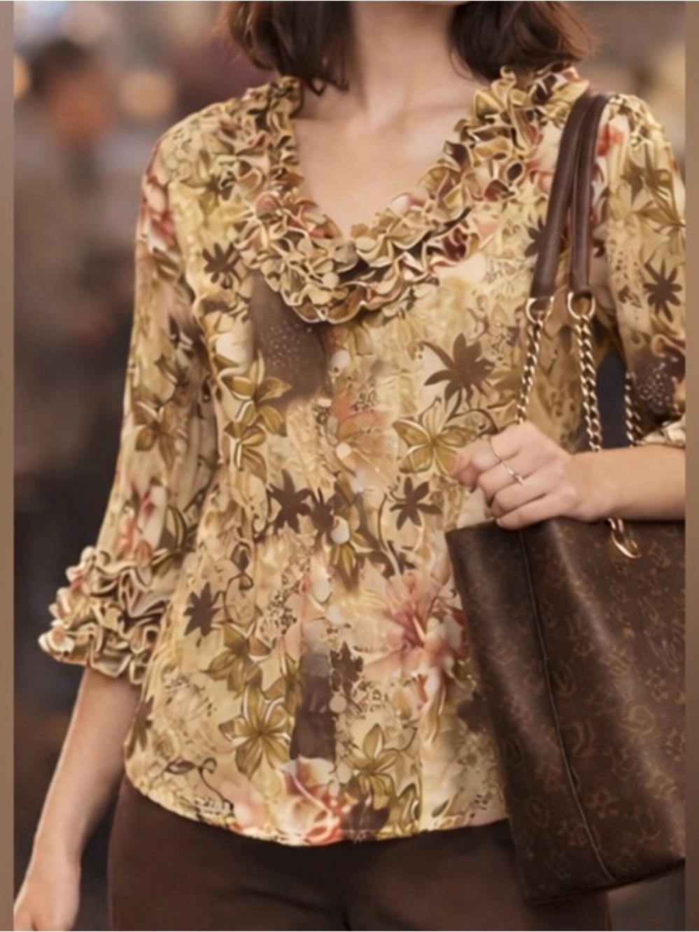 Cathaya Floral Ruffle Blouse Medium Tan Brown Pink 3/4 Sleeve Statement Top
